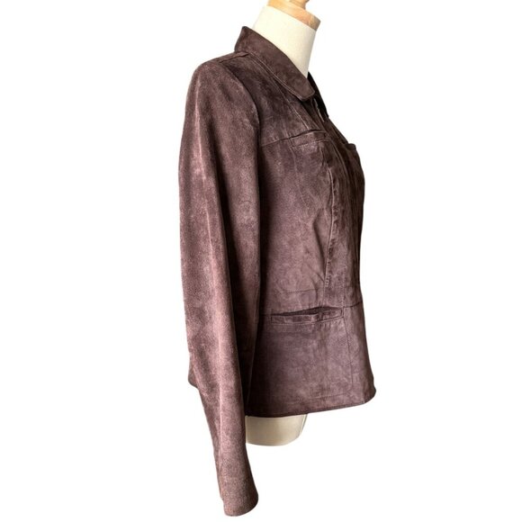Alfani Genuine Leather Suede Chocolate Brown Tapered Fit Zip Up Blazer Jacket - Picture 4 of 11